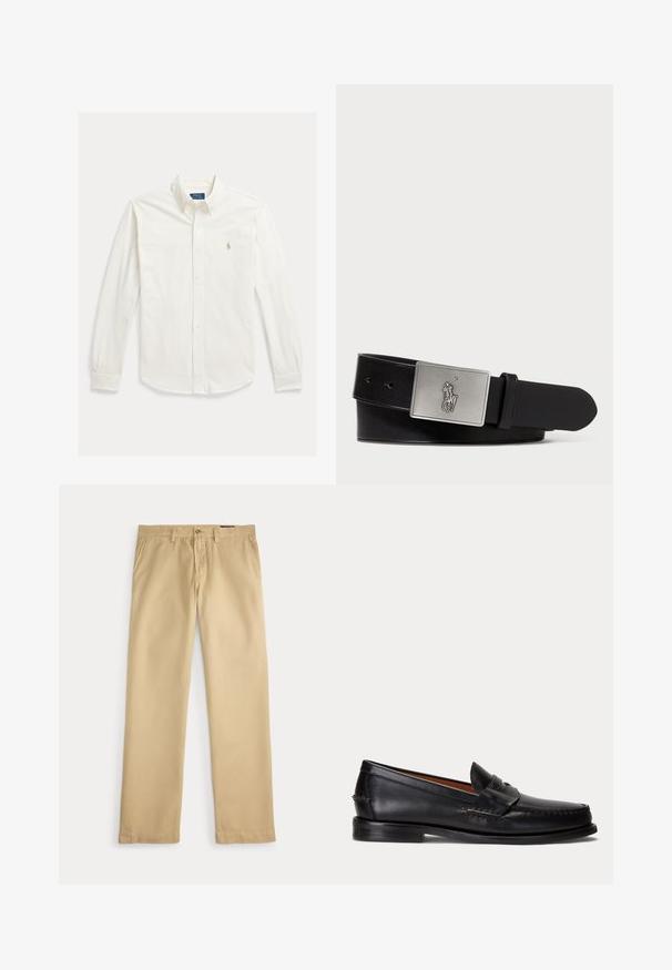 Hvid langærmet skjorte med knapper og krave samt Polo Ralph Lauren-logo broderet på venstre bryst.; Beige bukser med lige ben, bæltestropper, sidelommer og en knappet talje på hvid baggrund.; Sort læderloafer med lav hæl og pennyremdetalje, vist fra siden på en lysegrå baggrund.; Sort læderbælte med en rektangulær sølvmetalspænde med et præget hestebuddy-logo, glat tekstur og fem hul til spænde.