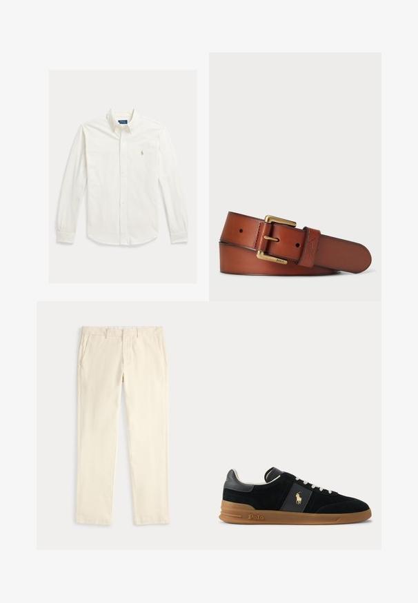Hvid langærmet skjorte med knapper og krave samt Polo Ralph Lauren-logo broderet på venstre bryst.; Kremfarvede bukser med lige ben, bæltestropper og sidelommer, vist fladt på en lys baggrund.; Sort lavtop sneakers med hvide snørebånd, brun gummisål og gyldt Polo-logo på siden og hælkappen.; Læderbælte i en rig brun farve med en glat tekstur. Har en spænde i guldfarvet metal og prægede logo-detaljer. Flere størrelseshuller er tilgængelige.