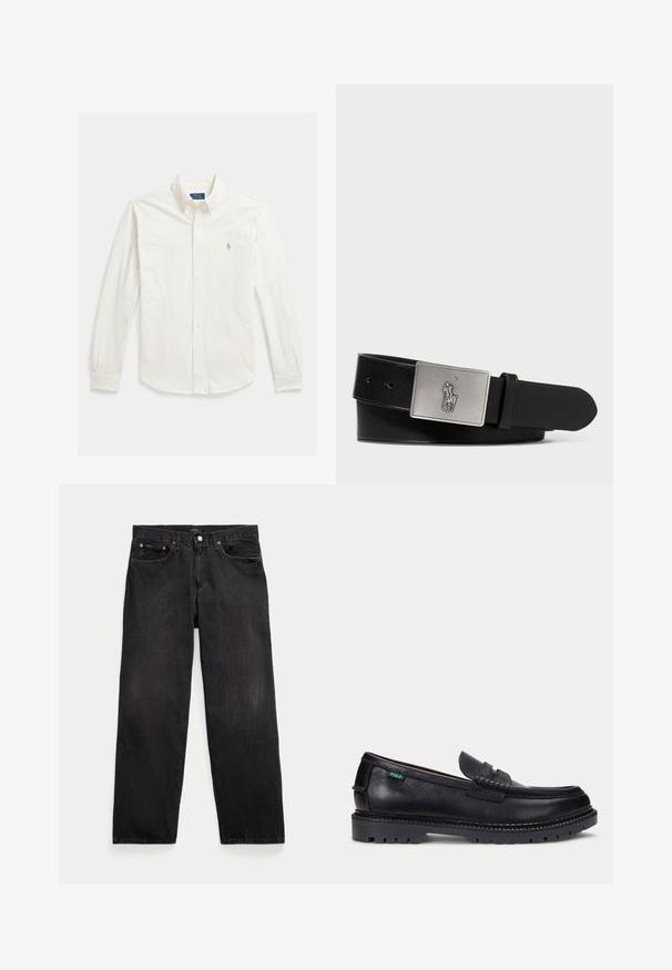 Camisa blanca de manga larga con botones y cuello, con el logo de Polo Ralph Lauren bordado en el pecho izquierdo.; Vaqueros negros de corte recto con cinco bolsillos, cierre de botón y remaches metálicos visibles en los bolsillos delanteros.; Mocasín de cuero negro con suela gruesa estriada y pequeña etiqueta verde "Polo" en el lado exterior cerca del talón.; Cinturón de cuero negro con una hebilla rectangular de metal plateado que presenta un logo de jinete en relieve, textura suave y cinco agujeros.