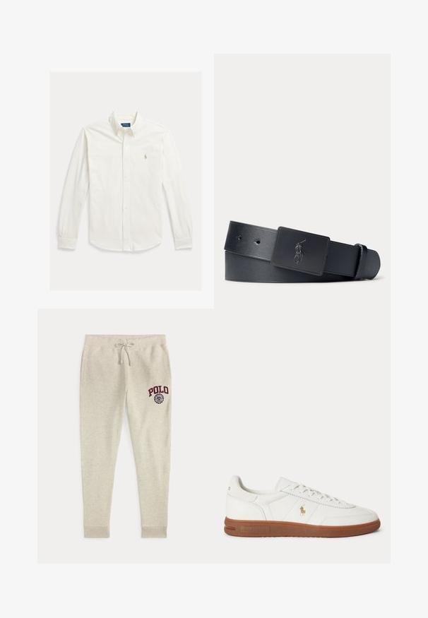 Camisa blanca de manga larga con botones y cuello, con el logo de Polo Ralph Lauren bordado en el pecho izquierdo.; Pantalones deportivos beige con cordón, bolsillos laterales y logo y emblema rojo "POLO" en la parte superior del muslo izquierdo.; Zapatilla blanca de caña baja con suela marrón, cordones en la parte delantera y pequeño logo dorado de Polo Ralph Lauren en el lateral.; Cinturón de cuero negro con una hebilla rectangular negra que presenta un logotipo de jugador de polo en relieve.