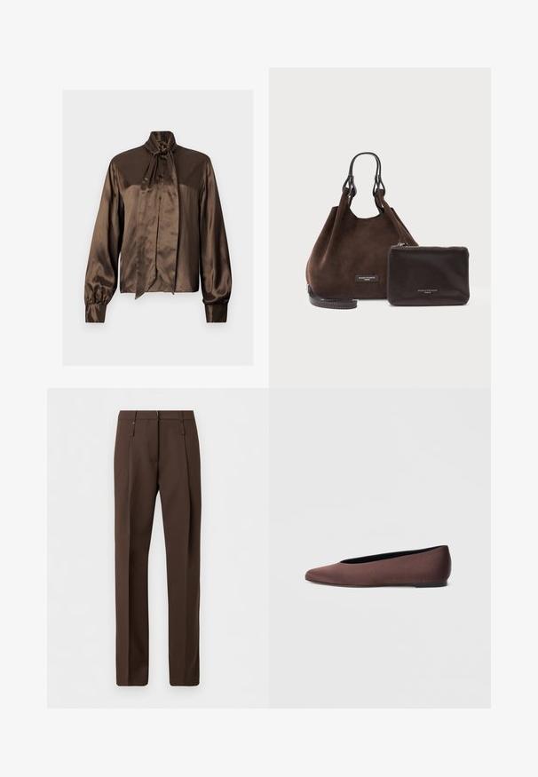 Hnedá saténová blúzka s vysokým golierom a detailom v podobe mašle, s dlhými rukávmi a zapínaním na gombíky, hladká textúra a elegantný strih.; Hnedé na mieru šité nohavice s rovnými nohavicami, pútkami na opasok a prednými záševkami, zobrazené na jednoduchom bielom pozadí.; Hnedé baletné baleríny z tkaniny so zašpicatenou špičkou a hladkou textúrou, s nízkym chrbtom a tenkou čiernou podrážkou. Bez viditeľných vzorov alebo kovania.; Hnedá semišová kabelka s tmavými koženými rukoväťami a malá tmavá kožená taštička so zipsom, obe označené Gianni Chiarini Firenze.