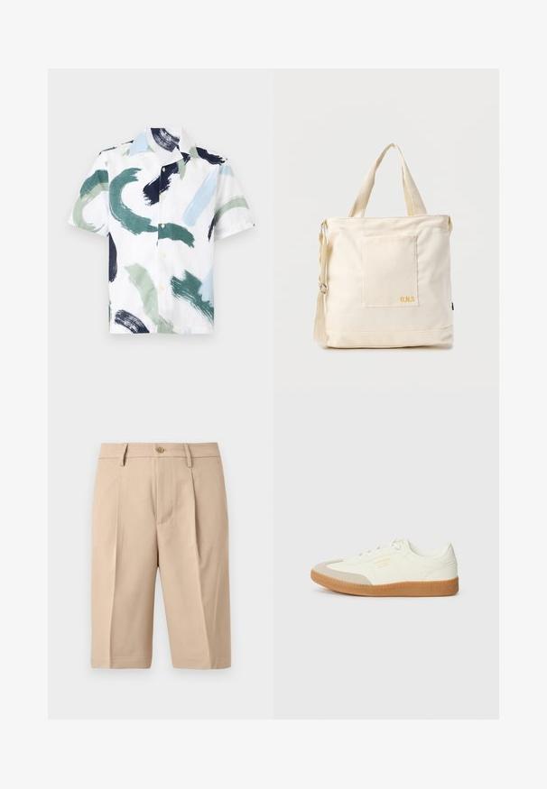 Chemise à manches courtes boutonnée avec des motifs abstraits de coups de pinceau en vert, bleu, noir et blanc sur fond blanc.; Short beige sur mesure longueur genoux avec passants de ceinture, bouton devant, braguette à fermeture éclair et plis devant sur fond gris clair.; Baskets en cuir blanc avec une coque beige et une semelle en caoutchouc marron clair. Dotées de lacets blancs plats et d'un logo embossé sur le côté.; Sac fourre-tout en toile crème avec poche avant, deux poignées, bandoulière réglable et petit texte jaune "O.N.S" en bas à droite de la poche.
