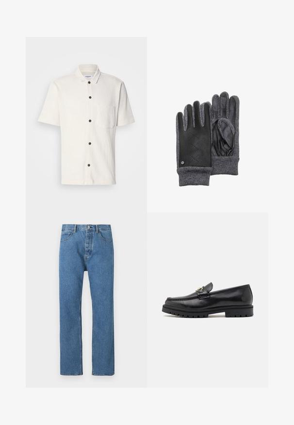 Weißes Kurzarmhemd mit strukturiertem Design, dunkle braune Knöpfe an der Vorderseite und einer einzelnen Brusttasche.; Hellblaue Jeans aus Denim mit geradem Schnitt, fünf Taschen, Knopfverschluss und dezenten Steppnähten entlang der Nähte.; Schwarze Lederloafers mit einer glatten Oberfläche, runder Zehenform, einem dekorativen Riemen mit goldfarbenem Zubehör und einer robusten schwarzen Sohle.; Leder- und graue Strickhandschuhe mit einer strukturierten schwarzen Lederhandfläche, gerippten Bündchen und einem Rautenmuster-Design auf der Oberseite.