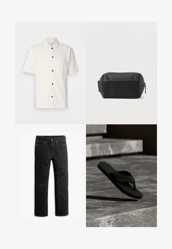 Weißes Kurzarmhemd mit strukturiertem Design, dunkle braune Knöpfe an der Vorderseite und einer einzelnen Brusttasche.; Schwarze Jeans im geraden Schnitt mit fünf Taschen, Gürtelschlaufen und einem Knopfverschluss an der Taille, flach auf einem weißen Hintergrund ausgelegt.; Schwarze Flip-Flop-Sandale schwebt über strukturierten Betontreppen und wirft im natürlichen Licht einen Schatten auf den Boden.; Schwarze rechteckige Kulturtasche mit Netzvordertasche, seitlichem Griff und Reißverschluss auf weißem Hintergrund.