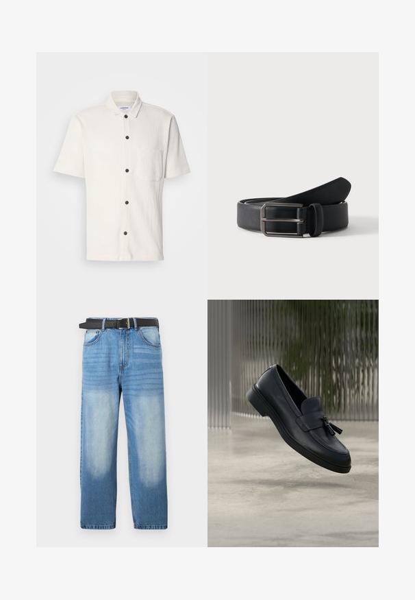 Camisa blanca de manga corta con un diseño texturizado, botones frontales en marrón oscuro y un único bolsillo en el pecho.; Jean de mezclilla azul claro con pierna recta, que presenta un cinturón negro, parches desgastados y una sutil textura diagonal en la sección superior.; Mocasines de cuero negro con textura suave, punta redondeada y borlas decorativas en el frente. Suela de goma flexible con tacón bajo.; Cinturón de cuero negro enrollado con hebilla rectangular de metal plateado sobre un fondo claro y sencillo.