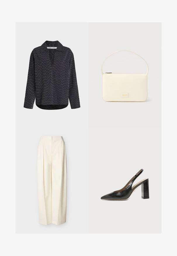 Blouse noire à manches longues avec rayures verticales blanches en pointillés, col ouvert et coupe décontractée.; Pantalon crème à taille haute et jambes larges avec plis devant, fermeture éclair avant dissimulée et passants pour ceinture.; Chaussure slingback en cuir noir à bout pointu avec un talon bloc haut et une doublure intérieure beige sur un fond clair uni.; Sac à main rectangulaire de couleur crème avec une seule sangle et une fermeture éclair sur le dessus, comportant une petite plaque de logo embossé à l'avant.