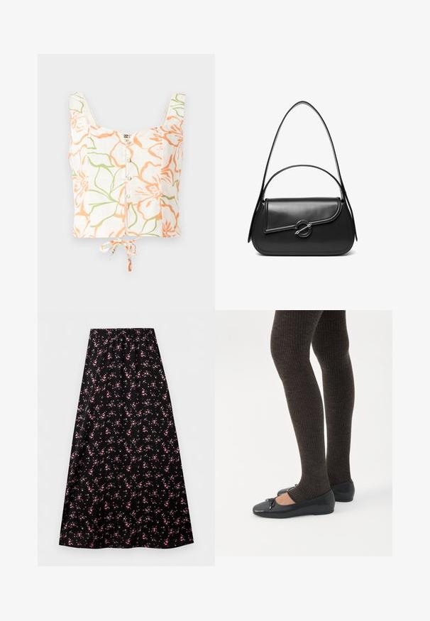 Billabong FEELIN FLORAL - Μπλούζα - salt crystal; Μαύρη φούστα σε γραμμή Α με ελαστική μέση, με μικρό ροζ λουλουδένιο σχέδιο ομοιόμορφα κατανεμημένο σε όλο το ύφασμα.; Πόδια με σκουρόχρωμα ριμπ κολάν συνδυασμένα με μαύρα μπαλαρίνα παπούτσια με μικρές λεπτομέρειες φιόγκων σε λευκό φόντο.; Μαύρη δερμάτινη τσάντα ώμου με καμπυλωτό καπάκι που ασφαλίζει με στρογγυλό μεταλλικό κούμπωμα και λεπτό, ρυθμιζόμενο λουράκι.