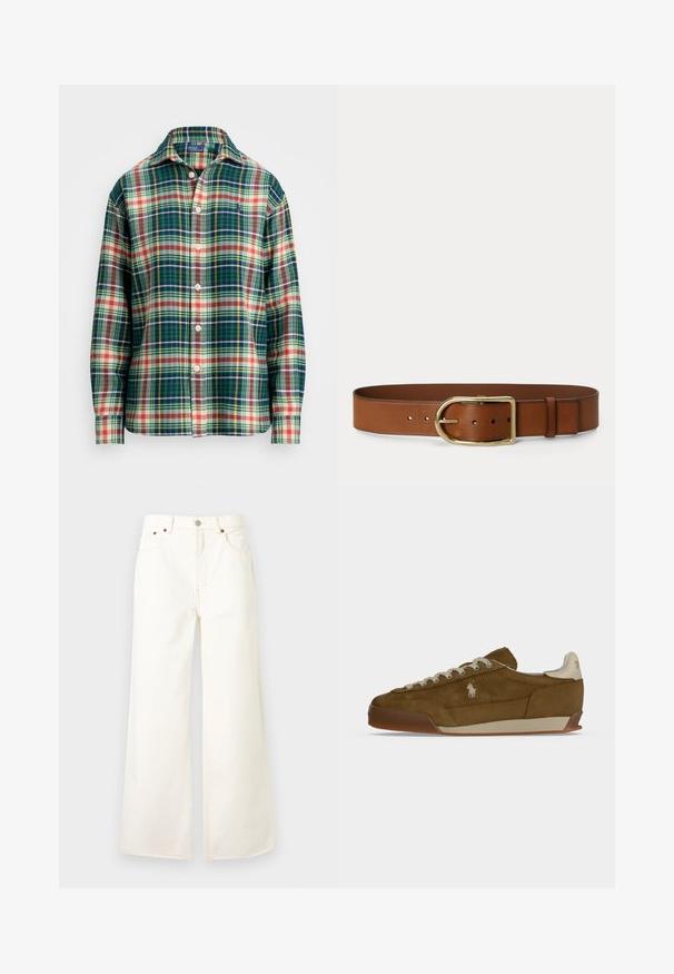 Langærmet skjorte med knaplukning, i grøn, marineblå, hvid, orange og gul plaidmønster, med spredt krave og lille broderet logo på brystet.; Hvidt vidtbenet jeans med høj talje, forrest med knap og lynlås, fem-lomme design og detaljer med kobbernitter.; Brun ruskind sneaker med cremefarvede snørebånd, tyk sål og et lille hvidt broderet logo på siden.; Brunt læderbælte med stor gylden oval spænde og flere justeringshuller vist på en ensfarvet baggrund.