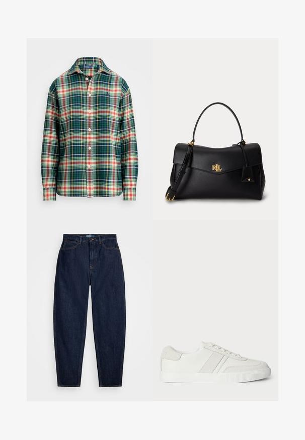 Langærmet skjorte med knaplukning, i grøn, marineblå, hvid, orange og gul plaidmønster, med spredt krave og lille broderet logo på brystet.; Mørkeblå denim jeans med lige pasform, der har orange syninger, en forreste knaplukning og fem lommer.; Hvid sneakers med en glat læderoverdel, suedet detaljer og flade snørebånd. Har en tekstureret gummisål og et minimalistisk design.; Sort læderhåndtaske med top håndtag, aftagelig skulderrem og gyldent "RLL" logo på frontklappen.
