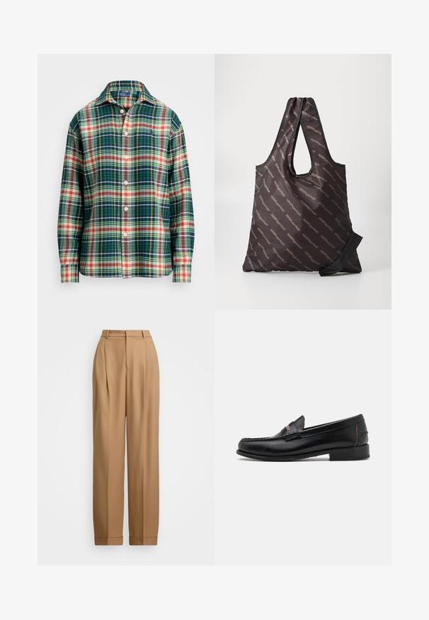 Langærmet skjorte med knaplukning, i grøn, marineblå, hvid, orange og gul plaidmønster, med spredt krave og lille broderet logo på brystet.; Beige skræddersyede bukser med høj talje, plisseret front, tapered ben og opfoldede manchetter. Glat stof med en raffineret tekstur.; Sort læder loafers med et syet design foran, flad hæl og en subtil farvet accent på hælen. Glat overflade, strømlinet form.; Sort totebag lavet af letvægts syntetisk materiale med et gentaget "H2OFagerholt" logo mønster. Håndtagene er dobbelt-indsat for nem bæring.