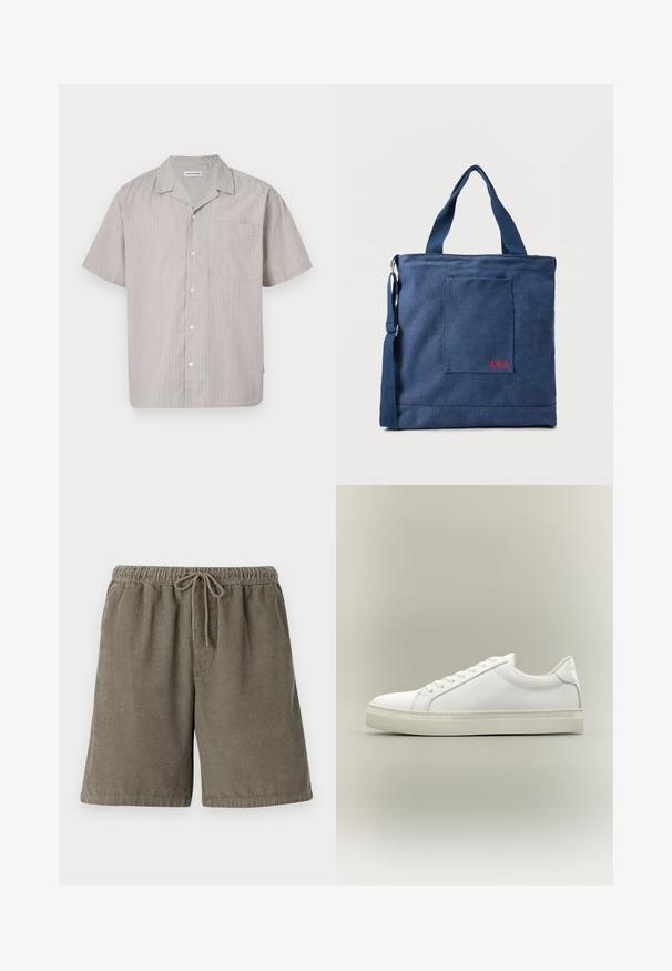 Kurzarmhemd in hellbeige mit vertikalen Streifen in Blau und Braun. Mit einer Knopfleiste und einer Brusttasche. Weiche Stoffstruktur.; Baumwollcordshorts in Olivgrün mit strukturierten vertikalen Streifen, elastischem Bund und verstellbarem Kordelzug für optimalen Tragekomfort.; Weißer Sneaker mit niedrigem Schaft, vorn mit Schnürung und dicker Sohle, aus der Seitenansicht vor neutralem Hintergrund.; Blauer Canvas-Einkaufstasche mit Vordertasche und roter "O.N.S" Stickerei, ausgestattet mit zwei Griffen und einem verstellbaren Schulterriemen.
