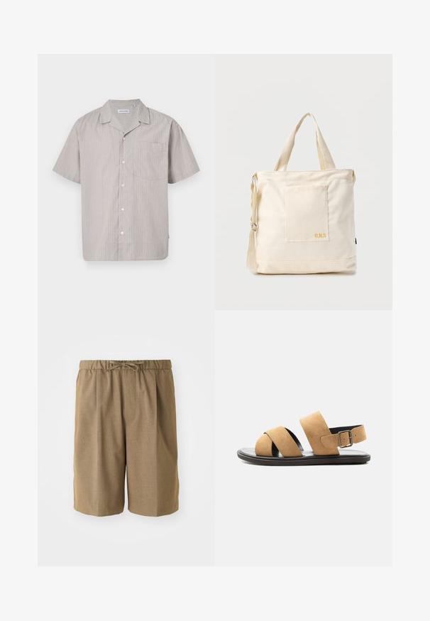Kurzarmhemd in hellbeige mit vertikalen Streifen in Blau und Braun. Mit einer Knopfleiste und einer Brusttasche. Weiche Stoffstruktur.; Braune, plissierte Shorts mit elastischem Bund und verstellbarem Kordelzug. Hergestellt aus einem glatten, leichten Stoff mit geradem Schnitt.; Herren-Sandale aus hellbraunem Wildleder mit zwei breiten Riemen, schwarzer Sohle und verstellbarem Schnallenriemen an der Ferse, auf weißem Hintergrund dargestellt.; Beige Canvas-Shopper mit Fronttasche, zwei Griffen, verstellbarem Schulterriemen und kleinem gelbem "O.N.S"-Text unten rechts auf der Tasche.