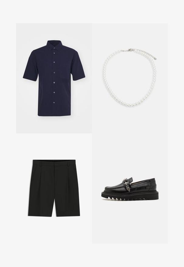 Chemise à manches courtes de couleur bleu marine foncé, fabriquée dans un tissu à la texture lisse. Dispose d'un col classique, d'une fermeture à boutons et d'une poche sur la poitrine.; Shorts noirs sur mesure longueur genou avec passants de ceinture, poches latérales et détail de pli devant sur fond blanc.; Mocassins en cuir noir avec des accents en métal argenté, une semelle en zigzag surélevée et un design épuré et arrondi ; texture lisse et finition brillante.; Collier en perles blanches avec une forme ronde uniforme, surface lisse et fermoir en métal avec une chaîne d'extension pour une longueur ajustable.