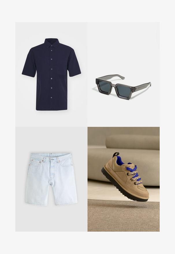 Chemise à manches courtes de couleur bleu marine foncé, fabriquée dans un tissu à la texture lisse. Dispose d'un col classique, d'une fermeture à boutons et d'une poche sur la poitrine.; Short en jean bleu clair avec bouton sur le devant, fermeture éclair, cinq poches et passants de ceinture sur un fond gris clair uni.; Baskets UGG beiges avec semelle noire et intérieur bleu, lacets bicolores bleus et beiges, flottant au-dessus d'un tapis beige texturé.; Jack & Jones JACPETER SUNGLASSES UNISEX - Lunettes de soleil - grey