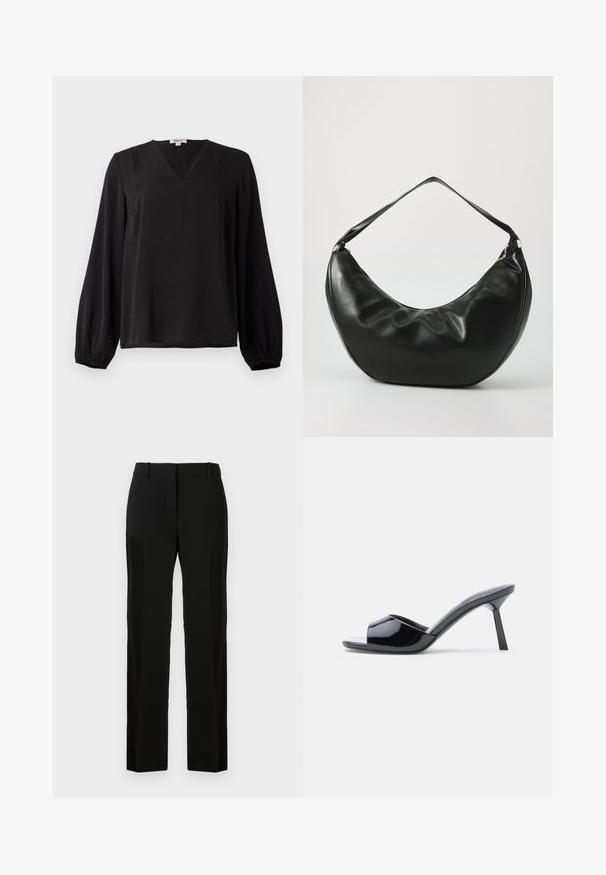 Blusa negra de manga larga con cuello en V y puños elásticos, hecha de tela suave, exhibida sobre un fondo blanco liso.; Pantalones negros con un diseño de pernera recta, hechos de una tela suave, con un frente plano, trabillas para el cinturón y sin patrones o acentos visibles.; Sandalias de tacón con punta abierta de charol negro, con un diseño superior curvado y tacón de aguja cónico. Acabado liso y brillante.; Bolso de hombro de cuero negro con una forma curva, textura suave y una sola correa; cuenta con un zipper dorado y un branding sutil.
