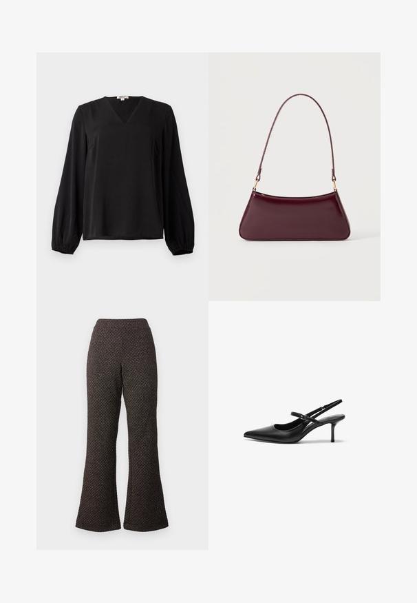 Blusa negra de manga larga con cuello en V y puños elásticos, hecha de tela suave, exhibida sobre un fondo blanco liso.; Pantalones negros acampanados hechos de un tejido texturizado con un diseño de punto, que cuentan con una cintura alta y piernas anchas.; Zapatos de tacón slingback de cuero negro con punta afilada, correa ajustable delgada y un tacón de aguja de aproximadamente 5 cm, textura suave.; Bolso brillante de color burdeos oscuro con un asa fina y única y una forma elegante de trapecio sobre un fondo claro y liso.
