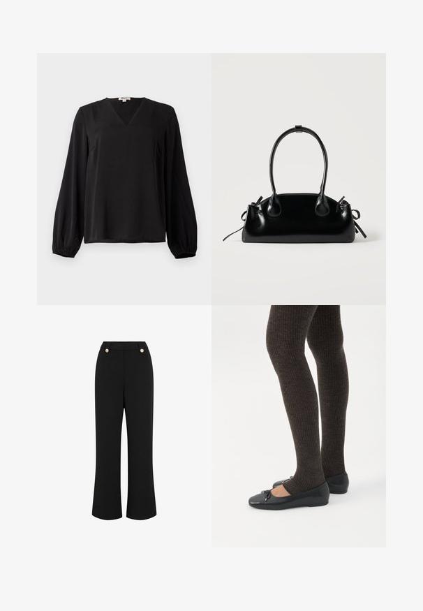 Blusa negra de manga larga con cuello en V y puños elásticos, hecha de tela suave, exhibida sobre un fondo blanco liso.; Pantalones de pierna ancha negros con textura suave, que presentan una cintura alta, dos botones en tono dorado y un diseño ajustado. Sin bolsillos visibles.; Piernas con leggings oscuros acanalados combinados con bailarinas negras que presentan pequeños detalles de lazo sobre un fondo blanco.; Pequeño bolso negro brillante con dos asas largas y detalles de cordón lateral sobre un fondo claro liso.