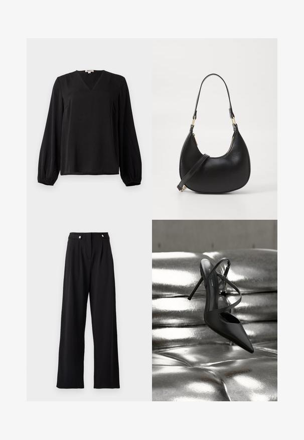 Blusa negra de manga larga con cuello en V y puños elásticos, hecha de tela suave, exhibida sobre un fondo blanco liso.; Pantalones de pierna ancha negros con una textura suave, que presentan una cinturilla alta, pliegues en la parte frontal y detalles metálicos en los botones.; Zapato stiletto negro de punta puntiaguda con tiras cruzadas reposando sobre una superficie de cuero plateado brillante y capitoné.; Bolso de mano de cuero negro con forma curva, que cuenta con un cierre superior con cremallera, un asa corta y una correa para el hombro desmontable. Accesorios en dorado.