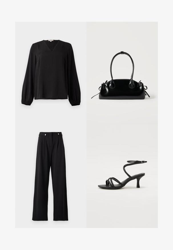 Blusa negra de manga larga con cuello en V y puños elásticos, hecha de tela suave, exhibida sobre un fondo blanco liso.; Pantalones de pierna ancha negros con una textura suave, que presentan una cinturilla alta, pliegues en la parte frontal y detalles metálicos en los botones.; Even&Odd Wide Fit Sandalias - black; Pequeño bolso negro brillante con dos asas largas y detalles de cordón lateral sobre un fondo claro liso.