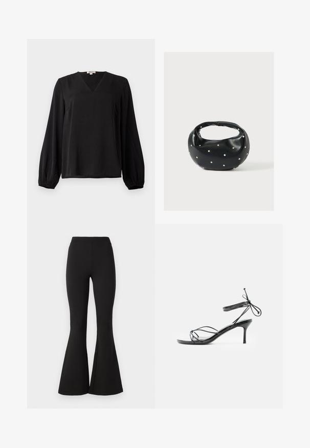 Blusa negra de manga larga con cuello en V y puños elásticos, hecha de tela suave, exhibida sobre un fondo blanco liso.; Leggings negros acampanados hechos de tela elástica, con una cintura alta y una textura suave, que se estrechan hacia abajo y terminan en una amplia campana en los tobillos.; Sandalia negra de tacón alto con tiras y lazos delgados en el tobillo, con tacón stiletto de altura media sobre un fondo blanco.; Bolso de mano de cuero negro con forma redondeada, decorado con detalles de tachuelas plateadas y un asa corta. Textura lisa y cierre con cremallera.