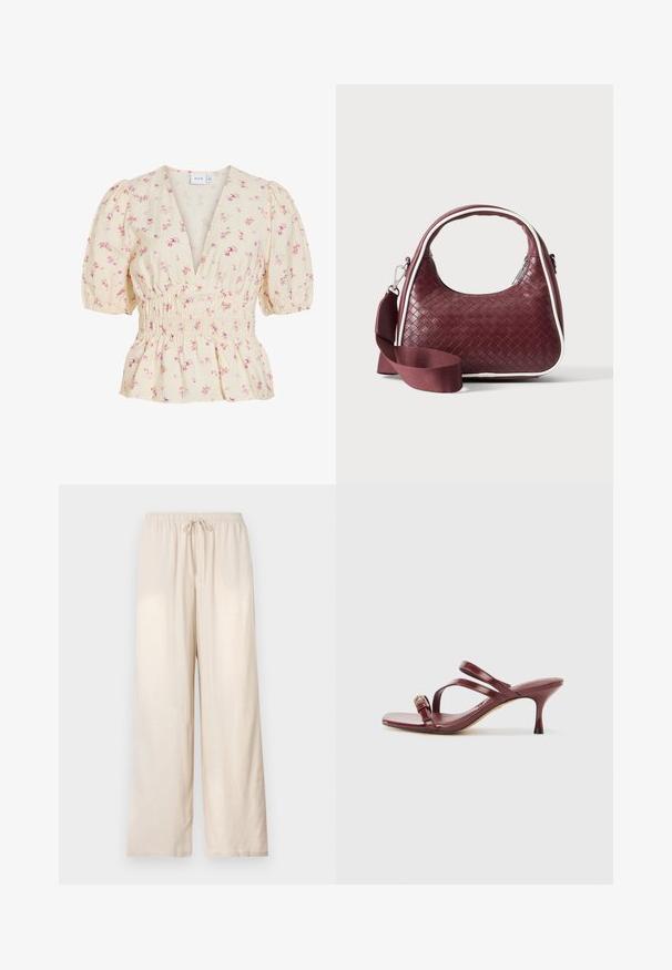 Blouse crème avec imprimé floral rose, col en V profond, manches bouffantes et taille smockée élastiquée.; Pantalon beige à coupe ample avec taille élastique et cordon de serrage à l'avant, jambes droites, présenté sur un fond clair uni.; Sandales à talons hauts en cuir verni bourgogne avec un bout carré, deux fines lanières et une boucle dorée décorative sur le côté.; Sac à main en cuir tressé marron foncé avec poignée courbée, garniture blanche, fermeture éclair argentée et bandoulière large en tissu amovible sur fond uni.