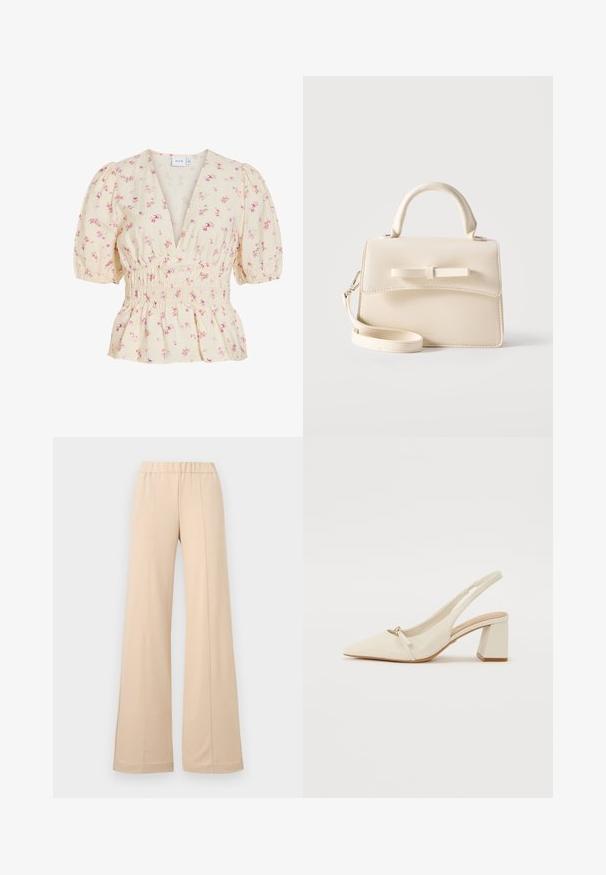 Blouse crème avec imprimé floral rose, col en V profond, manches bouffantes et taille smockée élastiquée.; Pantalon beige à jambes larges avec une taille élastique et des détails de couture à l'avant, présenté sur fond blanc.; Chaussure beige en cuir à bride arrière avec un bout pointu, un petit talon carré et un petit nœud à l'avant. Texture lisse et design minimaliste.; Petit sac à main beige avec poignée supérieure, bandoulière amovible, rabat avant et nœud horizontal décoratif sur un fond uni.