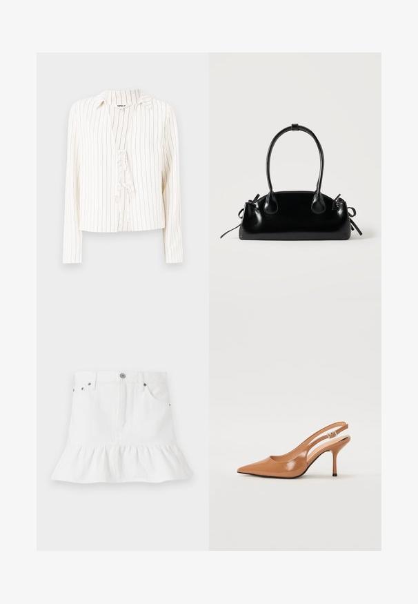 Chemise blanche à manches longues avec des rayures verticales noires, col classique et détail de cravate sur le devant. Tissu doux avec coupe décontractée.; Jupe en denim blanc avec un ourlet froncé, dotée d'un design à cinq poches, d'une fermeture à boutons à l'avant et d'accents en métal.; Escarpin à talon slingback à bout pointu en matériau beige lisse et brillant. Présente un design de découpes courbées et un talon aiguille fin. Détail de boucle en argent.; Petit sac à main noir brillant avec deux longues anses et des détails à cordon sur les côtés sur un fond clair uni.