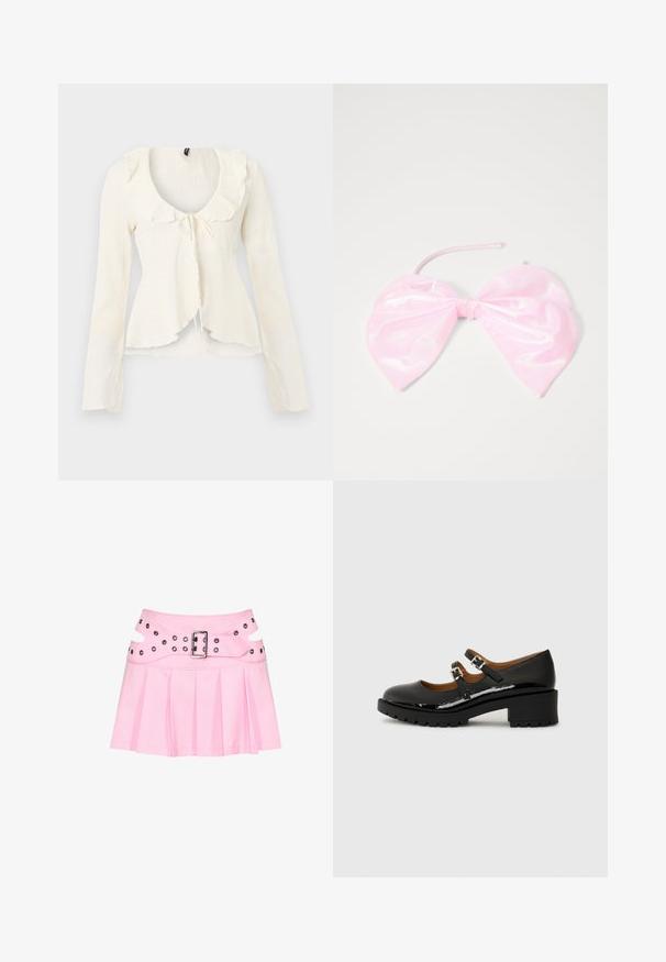 Blouse crème à manches longues avec col à volants et détail de nœud à l'avant, en tissu texturé avec un ourlet légèrement évasé.; Mini-jupe plissée rose avec large ceinture double couche, boucle argentée et plusieurs œillets pour fixation et décoration.; Chaussures Mary Jane en cuir verni noir avec deux brides réglables, bout rond et talon en caoutchouc épais présentant un motif de semelle texturé.; Accessoire capillaire rose et brillant en forme de grand nœud, avec une texture lisse et une fine sangle pour le maintenir en place.