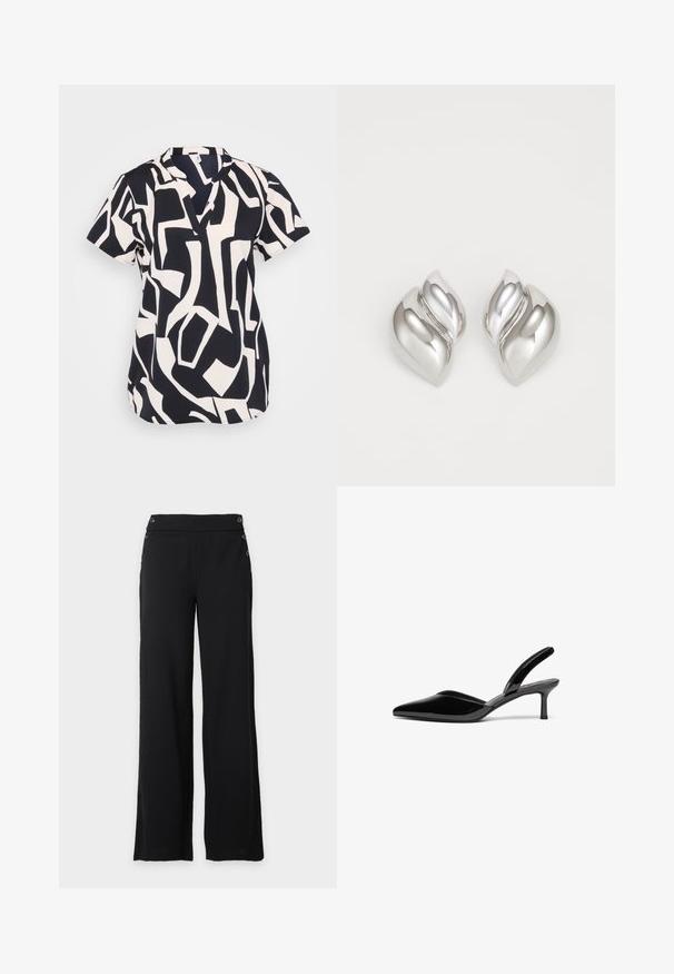 Blusa de manga corta en azul marino y crema con un patrón geométrico abstracto, con un escote en pico y un corte relajado. Tejido texturizado.; Pantalones negros de pierna ancha con cintura alta y botones decorativos en la parte delantera y los laterales.; Tacones slingback de charol negro con punta afilada, tacón de aguja bajo y un diseño elegante y simple sin adornos.; Pendientes de plata con una forma orgánica y abstracta. Superficie lisa y brillante con un diseño cónico. Presentan suaves curvas y un detalle de línea central.