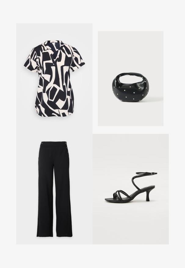 Blusa de manga corta en azul marino y crema con un patrón geométrico abstracto, con un escote en pico y un corte relajado. Tejido texturizado.; Pantalones negros de pierna ancha con cintura alta y botones decorativos en la parte delantera y los laterales.; Even&Odd Wide Fit Sandalias - black; Bolso de mano de cuero negro con forma redondeada, decorado con detalles de tachuelas plateadas y un asa corta. Textura lisa y cierre con cremallera.
