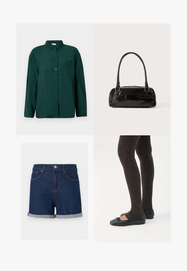 Donkergroene, lange mouwen button-up shirt van soepel materiaal, met een kraag en een enkele borstzak aan de linkerkant.; Donkerblauwe denim shorts met omgeslagen zomen, voorste knoop- en ritssluiting en voorzakken op een effen achtergrond.; Benen met donkere geribbelde leggings gecombineerd met zwarte ballerina's met kleine strikdetails op een witte achtergrond.; Zwarte leren handtas met een rechthoekige vorm, voorzien van een enkele gestructureerde handgreep, zilveren hardware en ritsluiting. Gladde textuur.