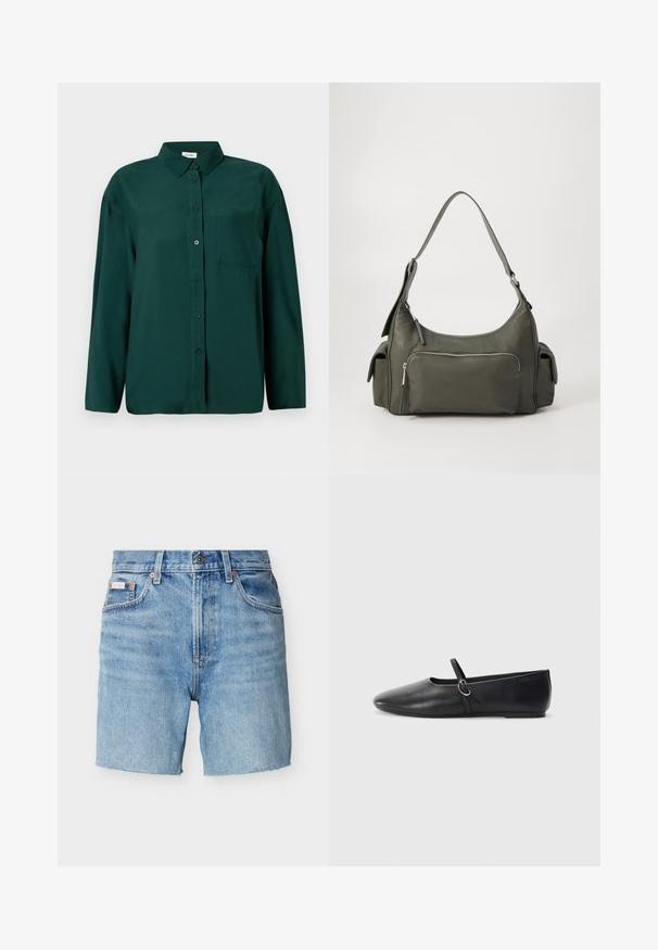 Donkergroene, lange mouwen button-up shirt van soepel materiaal, met een kraag en een enkele borstzak aan de linkerkant.; Lichtblauwe denim korte broek met knoop- en ritssluiting, riemlussen, voorzakken en een klein merklabel op de linkerzak.; Zwarte leren balletschoenen met een spitse neus, platte zool en een kleine strap met een zilveren gespsluiting.; Groene leren schoudertas met een gebogen ontwerp, met een ritsvak aan de voorkant en extra zijvakken. Gladde textuur en minimale hardware.