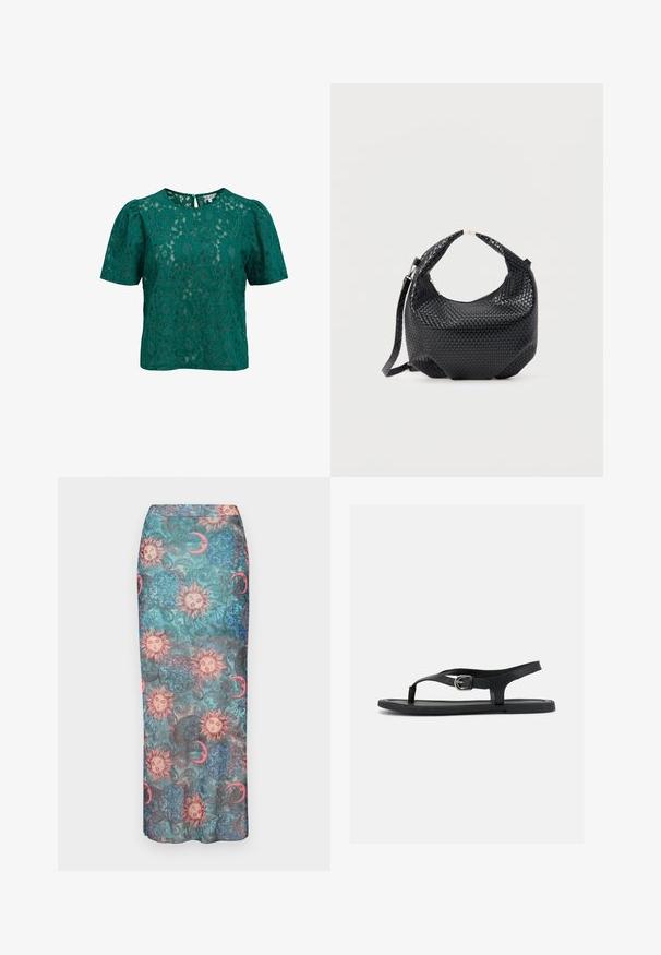 Blouse en dentelle bleu sarcelle avec motif floral, manches courtes bouffantes, col rond et fermeture par boutons dans le dos.; Jupe longue et ajustée présentant un motif multicolore de soleils, de lunes et de motifs ornementaux sur un fond texturé en bleu-vert.; Sandale plate noire avec bride à la cheville, entre-doigt et boucle argentée sur semelle lisse, vue de côté sur fond blanc.; Sac à main en cuir tressé noir avec poignée courte et bandoulière amovible, présenté sur un fond clair uni.