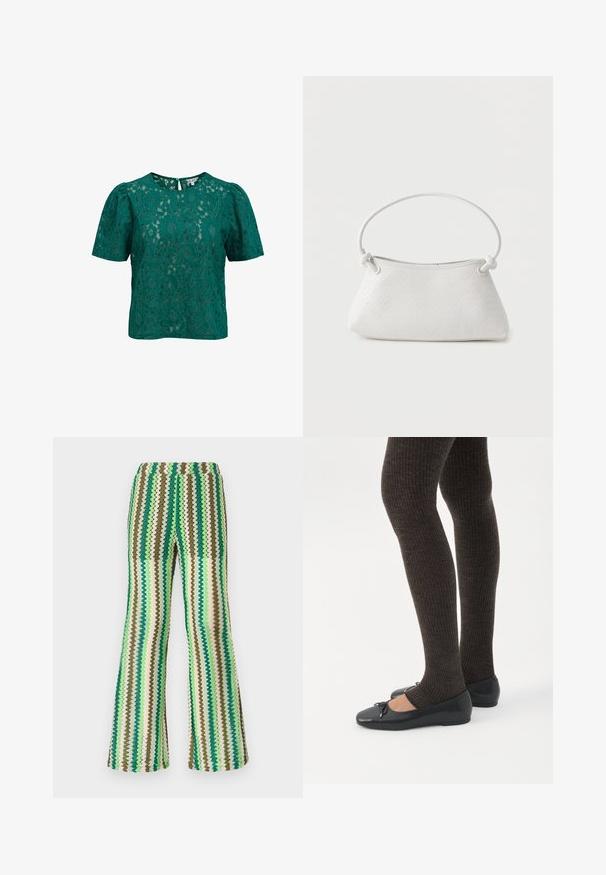 Blouse en dentelle bleu sarcelle avec motif floral, manches courtes bouffantes, col rond et fermeture par boutons dans le dos.; Pantalons évasés en tricot avec un motif en zigzag dans des tons de vert, marron et crème ; taille élastique ; surface texturée.; Jambes portant des leggings côtelés foncés associés à des ballerines noires avec de petits détails en nœud sur fond blanc.; Sac à main en cuir tressé blanc avec poignée arrondie et extrémités de lanière nouées, présenté sur un fond uni.
