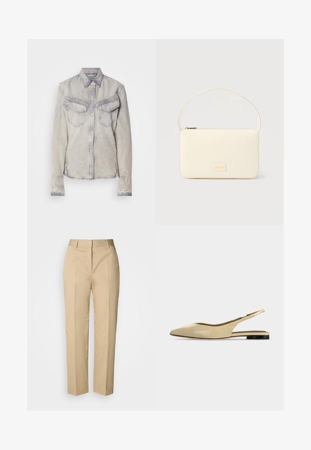 Hellblaues Denim-Hemd mit spitzem Kragen, zwei Brusttaschen und Knopfverschluss. Mit kontrastierender Naht und fransigem Saum.; Beige Straight-Leg-Hose mit Gürtelschlaufen, Vorderfalz und verdecktem Verschluss, präsentiert vor hellem Hintergrund.; Beiger Slingback-Ballerina mit spitzer Kappe, niedrigem schwarzem Absatz und glattem Lederfinish, seitlich auf einfarbigem Hintergrund gezeigt.; Rechteckige Handtasche in Cremefarbe mit einem einzelnen Trageriemen und Reißverschluss oben, ausgestattet mit einer kleinen, geprägten Logoplakette vorne.
