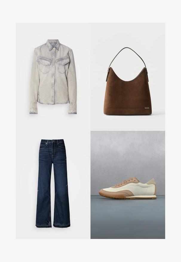 Hellblaues Denim-Hemd mit spitzem Kragen, zwei Brusttaschen und Knopfverschluss. Mit kontrastierender Naht und fransigem Saum.; Hoch taillierte, weit geschnittene Jeans aus dunklem Denim. Merkmale sind ausgefranste Säume und ein Fünf-Taschen-Design mit sichtbaren Nähten.; Beige-weißer Sneaker mit einer strukturierten Oberseite, Schnürsenkeln und einer Gummisohle, präsentiert über einer Holzfläche mit Kieselsteinen.; Braune Wildleder-Handtasche mit einem Henkel, gebogener oberer Kante und kleinem metallischen "HUGO"-Logo unten rechts vorne.