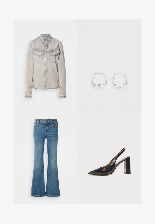Hellblaues Denim-Hemd mit spitzem Kragen, zwei Brusttaschen und Knopfverschluss. Mit kontrastierender Naht und fransigem Saum.; Hellblaue, weit geschnittene Jeans aus Denim, mit fünf Taschen, sichtbaren Nähten und einem Knopf- sowie Reißverschlussverschluss an der Taille.; Schwarzer Leder-Slingback-Schuh mit spitzer Kappe, hohem Blockabsatz und beigegefüttertem Innenraum vor hellem, einfarbigem Hintergrund.; Silberne Creolen mit glänzender Oberfläche und DKNY-Logo, vor einem schlichten weißen Hintergrund präsentiert.