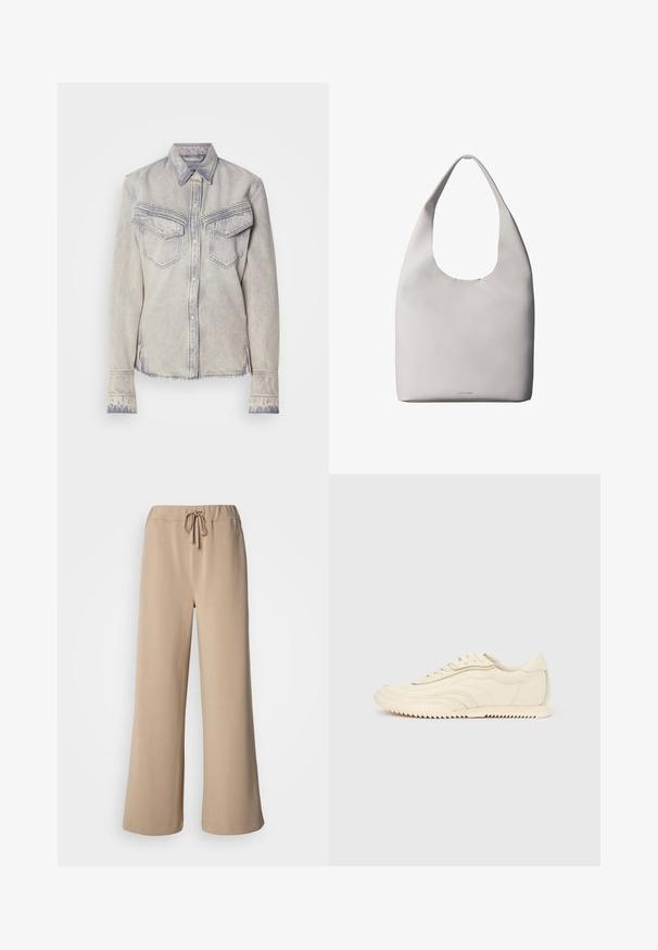 Lichtgewassen denim shirt met een spitse kraag, twee borstzakken en knoopsluiting. Heeft contrasterende stiksels en een rafelige zoom.; Beige wijde broek met elastische tailleband en trekkoord. Gemaakt van zachte stof met een gladde textuur, voorzien van een gestikte zoom.; Low-profile sneaker in crèmekleur met golvende stiksels, vetersluiting en een geribbelde zool, zijaanzicht tegen een effen achtergrond.; Witte leren totebag met een enkele schouderriem, zachte textuur en een discreet Calvin Klein-logo nabij het midden onderaan.