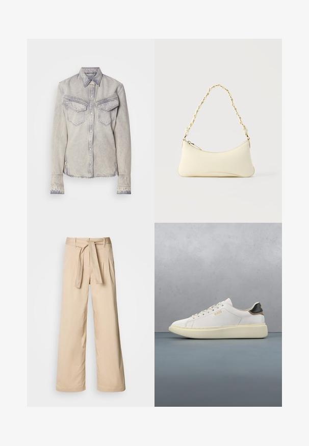 Lysvasket denimskjorte med spidse kraver, to brystlommer og knaplukning. Har kontrastsyet og frynset kant.; Beige brede bukser med høj talje og bælte, med læg foran og en glat tekstur. Ingen lommer eller mønstre er synlige.; Hvide sneakers med en glat læderoverdel, har en tan- og sort læderhælbrik, runde snørebånd og en kraftig beige gummisål. Guld logo detaljer.; Lille cremefarvet taske med en kurvet form og fletet guldfarvet kæde som håndtag, lynlås lukning på toppen