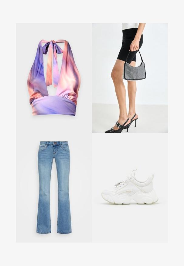 Haut à col halter en tissu doux, présentant des nuances de rose et de violet pastel, avec un bandeau élastique froncé et des liens au dos.; Jeans en denim bleu clair évasés avec cinq poches, des coutures surpiquées et une fermeture à bouton à l'avant. Présentent un effet délavé et un ourlet effiloché.; Baskets blanches chunky en cuir et mesh, dotées d'une semelle épaisse, d'un bout arrondi et de lacets décoratifs. Accents légèrement texturés.; Sac à main à perles noires avec une silhouette courbée, une poignée de transport et une texture brillante. Porté avec des chaussures à talons hauts noires et un short noir ajusté.