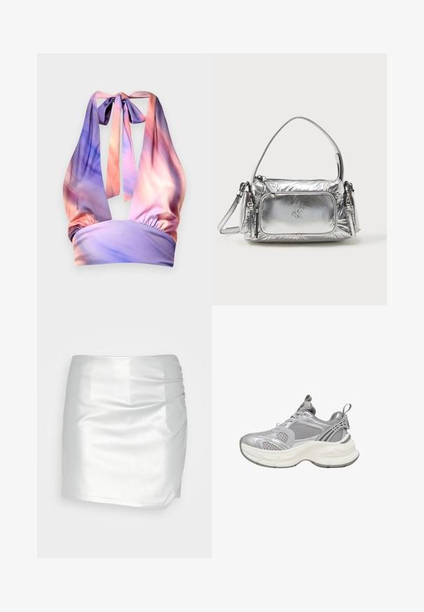 Haut à col halter en tissu doux, présentant des nuances de rose et de violet pastel, avec un bandeau élastique froncé et des liens au dos.; Even&Odd by Zalando Short - silver; Baskets athlétiques argentées avec une tige en mesh, une semelle arrondie, des détails texturés et des accents renforcés pour un soutien supplémentaire.; Sac à main en argent métallique de forme rectangulaire, avec une fermeture éclair sur le dessus et une poche avant. Il est doté d'une courte poignée et d'une sangle réglable. Fini texturé.