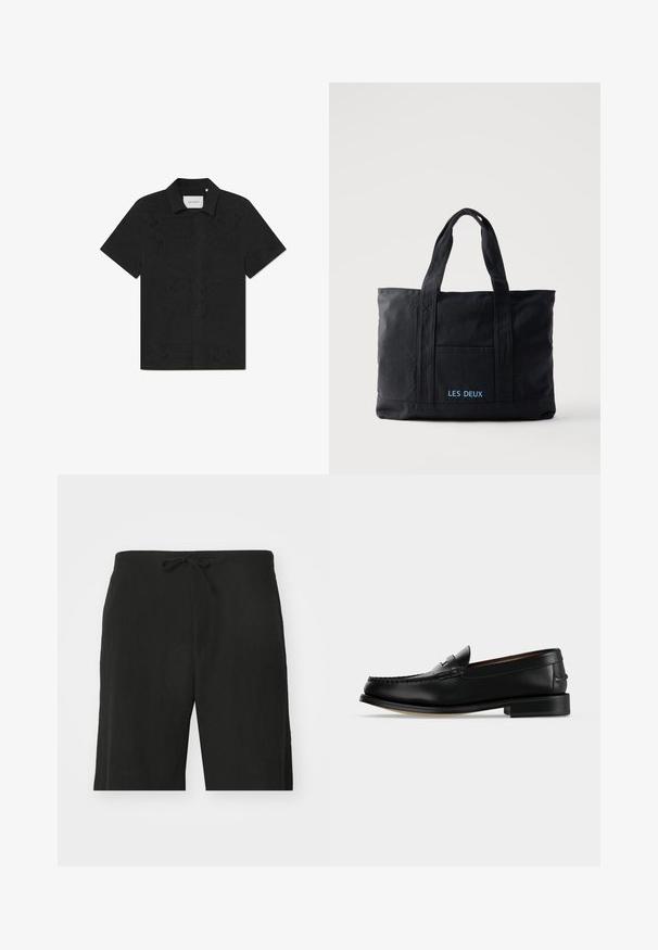 Schwarzes kurzärmliges Shirt aus atmungsaktiven Stoff mit kunstvollen Ausschnittmustern und einer geknöpften Front.; Schwarze Leinen-Shorts mit elastischem Bund, im entspannten Schnitt und knielanger Ausführung. Sanfte Textur, einfacher und klassischer Stil.; Schwarzer Leder-Herrenschuh (Loafer) mit niedrigem Absatz und Mokassin-artiger Naht am Zehenbereich, seitlich auf einfarbigem Hintergrund dargestellt.; Schwarze Canvas-Tragetasche mit zwei Henkeln, Fronttasche und „LES DEUX“ in Blau auf der Fronttasche bestickt.