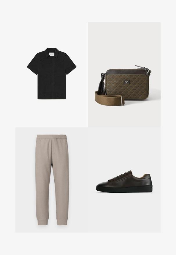 Camisa negra de manga corta hecha de una tela transpirable que presenta intrincados patrones de corte y un frente abotonado.; Pantalones deportivos beige con corte cónico, confeccionados en una tela suave con cinturilla elástica y un sutil patrón texturizado en toda la prenda. Diseñados para brindar comodidad y versatilidad.; Zapatilla de perfil bajo de cuero marrón oscuro con suela de goma negra, cierre de cordones y diseño liso y minimalista sobre un fondo claro.; Pequeño bolso bandolera rectangular marrón con textura estampada, parche con logo frontal, cierre de cremallera y correa ancha ajustable.
