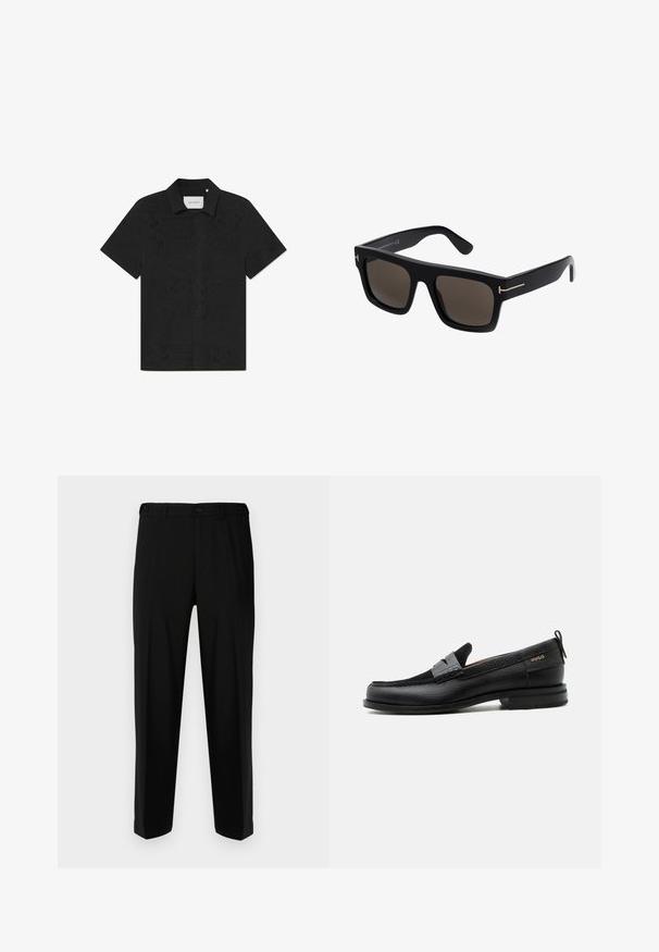 Zwarte shirt met korte mouwen gemaakt van ademend materiaal, met ingewikkelde uitsnijdingen en een knoopsluiting aan de voorkant.; Zwarte broek van gladde stof, met een rechte snit, twee voorzakken en een ritssluiting met knoopsluiting.; Zwarte leren loafer met grijs riemdetailelement, lage hak en gestructureerde zool, aan de zijkant gebrandmerkt met "HUGO" in goud.; Zwarte vierkante zonnebril met donkere lenzen, featuring gouden accenten op de armen en een gladde kunststof textuur.