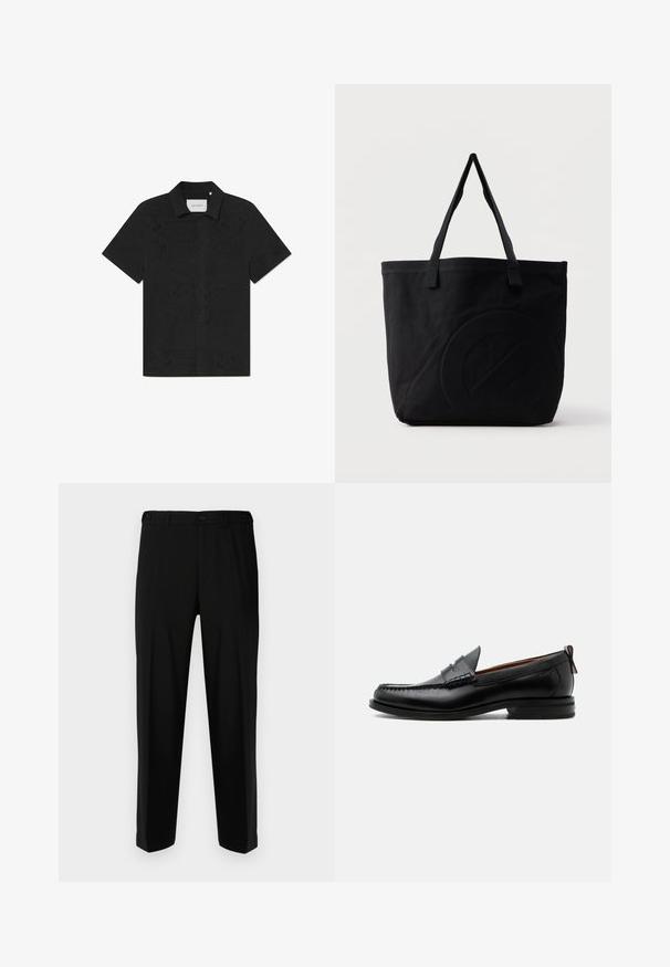 Schwarzes kurzärmliges Shirt aus atmungsaktiven Stoff mit kunstvollen Ausschnittmustern und einer geknöpften Front.; Schwarze Hosen aus glattem Stoff, mit geradem Schnitt, zwei vorderen Taschen und einem Reißverschluss mit Knopfverschluss.; Schwarzer Leder-Herrenschuh mit Mokassinnaht, Penny-Riemen, strukturiertem Kragen und niedrigem gestapeltem Absatz auf weißem Hintergrund.; Schwarze Canvas-Shopper-Tasche mit zwei Schulterriemen und einem dezenten, eingeprägten kreisförmigen Design auf der Vorderseite.