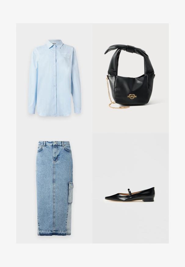 Lyseblå skjorte med knapper lavet af bomuld. Har klassisk krave, lange ærmer og broderede detaljer på den øverste venstre side.; Lys blå denimnederdel med lige snit, frontknaplukning, sidelommer og et markant kontrasterende stofpanel.; Sorte patenterede læder Mary Jane flade sko med spids tå, én rem og lav hæl på ensfarvet baggrund.; Sort blød læder Love Moschino håndtaske med knyttet håndtag og guldkæde-strop på hvid baggrund.