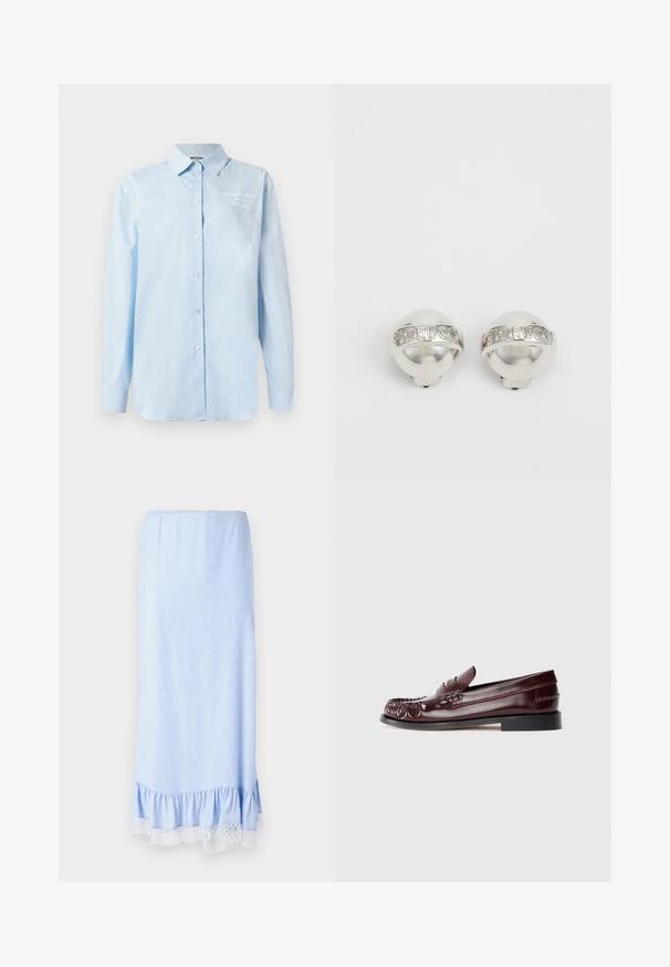 Camisa abotonada azul claro hecha de algodón. Presenta un cuello clásico, mangas largas y un detalle bordado en la parte superior izquierda.; Falda de satén azul claro con un dobladillo con volantes, que presenta un cinturón de encaje blanco y sutiles patrones florales en toda la tela. Cintura elástica.; Mocasines de piel burdeos con suela negra y detalle en metal dorado en la parte delantera, mostrados de perfil sobre un fondo blanco.; Pendientes de clip plateados con forma de cúpula y una banda grabada con "Fiorucci" alrededor del centro, con una superficie pulida y reflectante.