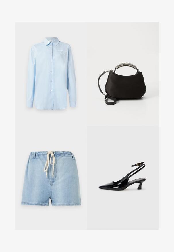 Lyseblå skjorte med knapper lavet af bomuld. Har klassisk krave, lange ærmer og broderede detaljer på den øverste venstre side.; Lyseblå denimshorts med elastisk talje og hvid snor, forreste bæltestropper og en almindelig kant.; Sorte patenterede læderslingbacks med spidse tæer, lav blokhælt og justerbar ankelrem med guldspænde.; Sort satin håndtaske med et buet sølvhåndtag og en aftagelig sort rem. Blød tekstur og rund form med et minimalistisk design.