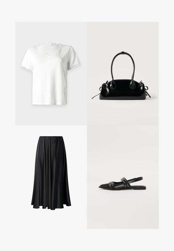T-shirt blanc à manches courtes avec un col en V, ornée d'une délicate bordure en dentelle au niveau du col et des bords des manches, fabriquée en tissu léger.; Jupe maxi noire en tissu lisse, dotée d'une taille élastique, d'une silhouette ample et d'un ourlet fluide sans motifs ni détails visibles.; Even&Odd by Zalando Ballerines à brides arrière - black; Petit sac à main noir brillant avec deux longues anses et des détails à cordon sur les côtés sur un fond clair uni.