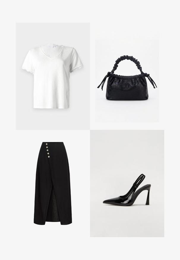T-shirt blanc à manches courtes avec un col en V, ornée d'une délicate bordure en dentelle au niveau du col et des bords des manches, fabriquée en tissu léger.; Jupe midi portefeuille noire avec une fente à l'avant et cinq boutons écrus sur la hanche gauche.; Escarpin en cuir verni noir à talon aiguille, à bout pointu, avec une sangle élastique double pour un maintien sécurisé. Surface lisse et brillante.; Sac à main noir avec texture crocodile, bord supérieur froncé, poignée plissée et pompons à cordon de chaque côté sur fond blanc.